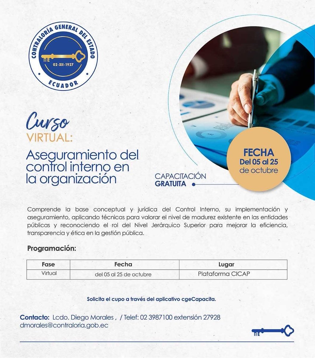 ContraloriaECU's tweet photo. 👥 #CGECapacita | ¡Optimiza el control institucional!

📚 Participa en el curso virtual gratuito “Aseguramiento del Control Interno en la Organización” y fortalece tus conocimientos para implementar y supervisar procesos que contribuyan a la eficiencia institucional.

✅ Reconoce la base conceptual y jurídica del Control Interno.
✅ Conoce herramientas para su correcta implementación.
✅ Fortalece el cumplimiento de los objetivos organizacionales.

🗓️ Modalidad virtual | Del 5 al 25 de octubre