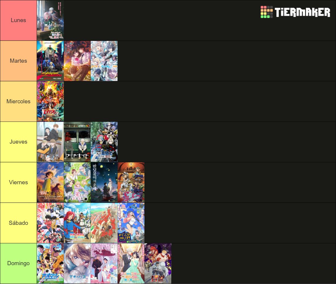 AlexMro09's tweet photo. Así van a quedar mis semanas, voy a ver menos esta temporada pq quiero ver los animes de mi bingo :3 https://t.co/yQHiRPiq7T