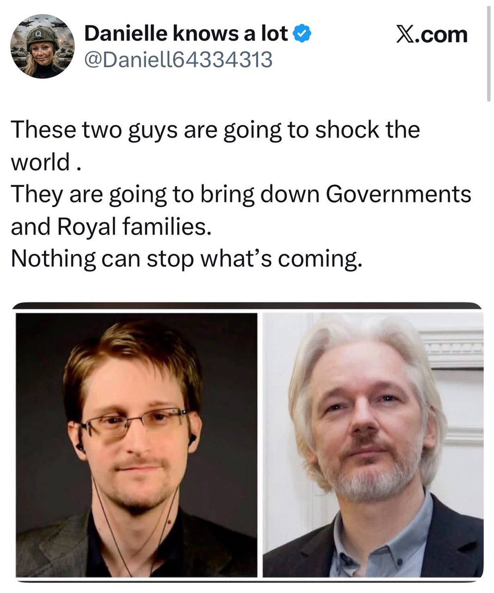 MelissaRedpill's tweet photo. Think with me here…

Julian Assange didn’t say “I’m back“ for no reason. 
He has a lot of dirt on a lot of people in high places. He said 97% of what he has, was never been shared online.

The 3% Julian shared in 2017 rocked the world.

After this next dump, the world will never be the same again.

It will affect elections and the financial system, and the media, and the medical community, and everything else you can imagine.

But then… 
Whatever vile evil that has been swept under the rug, will be fair game for the whistleblowers to post on Wikileaks for all eyes to see!

“There is nothing hidden that will not be made known!”

Get ready for the world to change. 

Get ready for a world of peace and health and joy… where we can have jobs that we enjoy where we don’t have to endure corruption upon corruption.

GOLDEN AGE HERE WE COME!