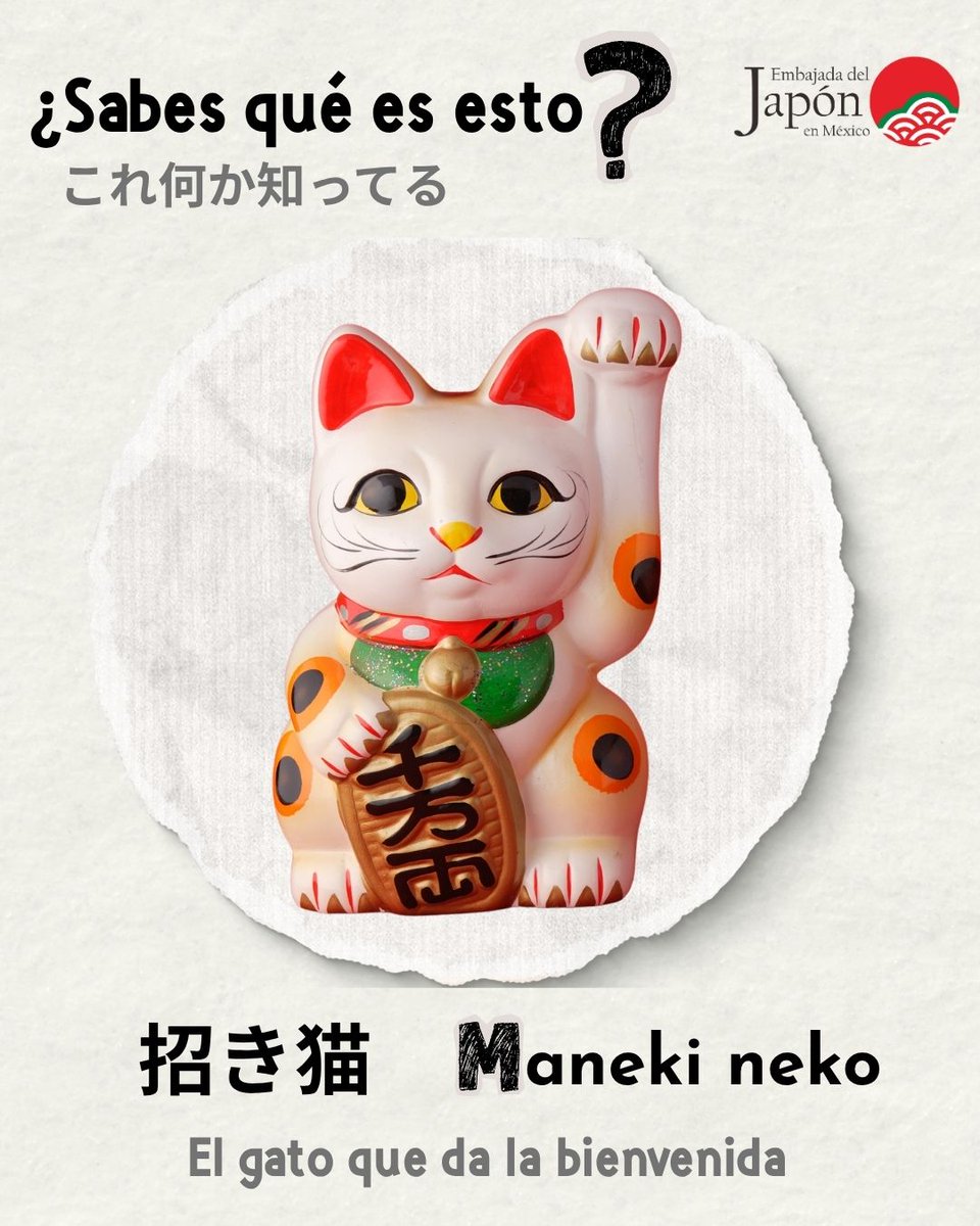 JapanEmb_Mexico's tweet photo. Hoy en Japón es el Día del Maneki Neko. Un dato curioso  de este popular gato es que su nombre del japonés se traduce como "gato que da la bienvenida" por el gesto de su pata que representa más una invitación a acercarse que un saludo. 👋
¿Ya lo conocías?  🐱
#EmbJapónMX https://t.co/eOHvmAPKsp