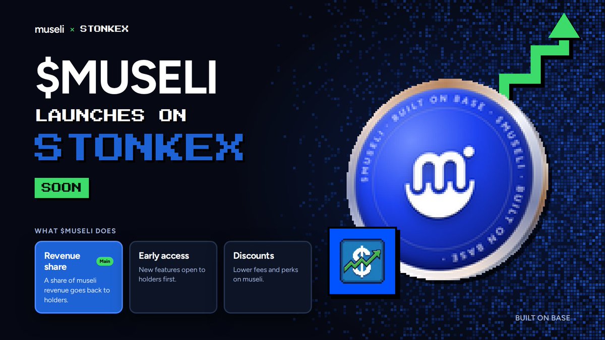 MuseliFi's tweet photo. $MUSELI launches on @Stonks_Exchange soon.

What holding it gets you:

→ Revenue share: a share of what museli earns goes back to holders.
→ Early access: some new features open to holders first.
→ Discounts: lower fees and perks across museli.

Built on @base. https://t.co/qcmWNSH8Ms
