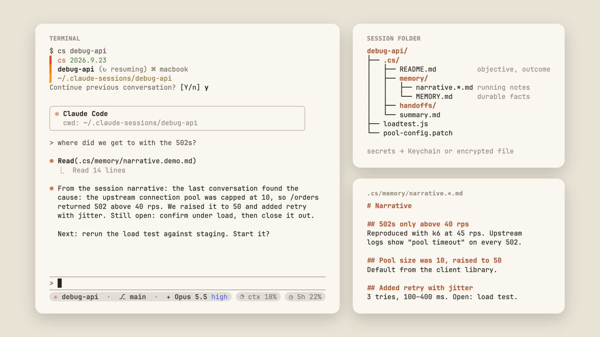 hexaust's tweet photo. cs debug-api opens a Claude Code session in its own folder, with notes and secrets that stay between conversations. Next time it resumes the same conversation. No git repo needed.

https://t.co/HQRuexovt4 https://t.co/0yartDXVnj