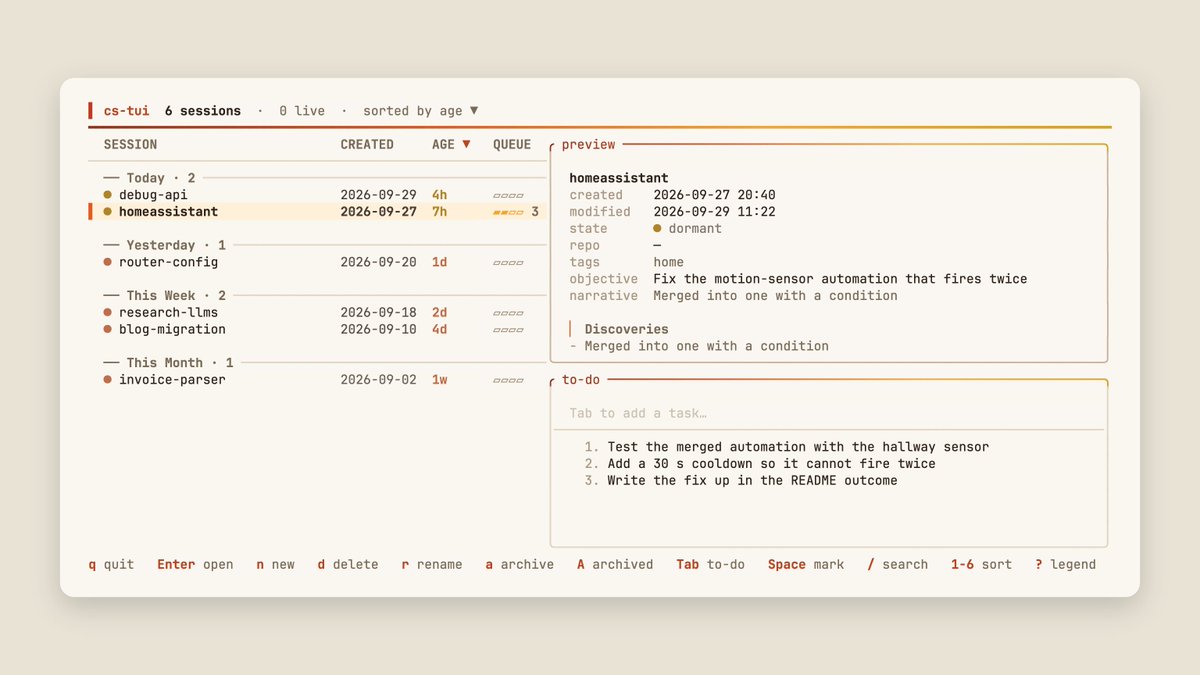 hexaust's tweet photo. cs debug-api opens a Claude Code session in its own folder, with notes and secrets that stay between conversations. Next time it resumes the same conversation. No git repo needed.

https://t.co/HQRuexovt4 https://t.co/0yartDXVnj