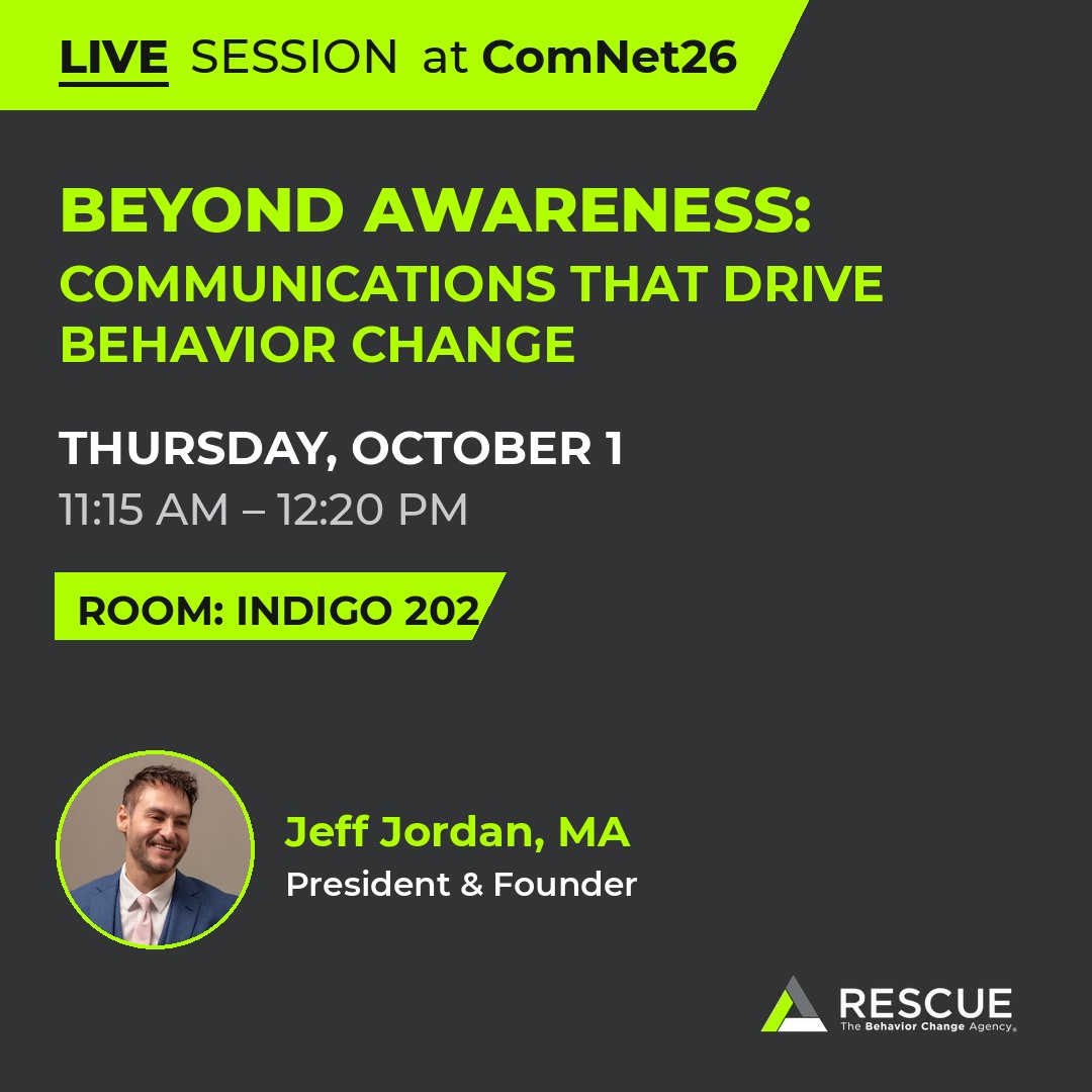 RescueAgency's tweet photo. Awareness of a risk isn't enough to change behavior. Knowing how to change is.
This week at #ComNet26, Rescue Founder & President Jeff Jordan takes the stage to share his 25+ years' worth of experience leading health behavior change marketing campaigns. https://t.co/75qTIlTQ0g