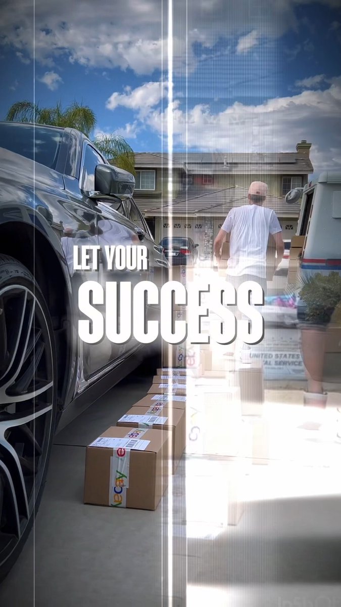 A person walks toward a house carrying boxes, with a luxury car parked beside packages on the ground, overlaid with the text 'LET YOUR SUCCESS'.