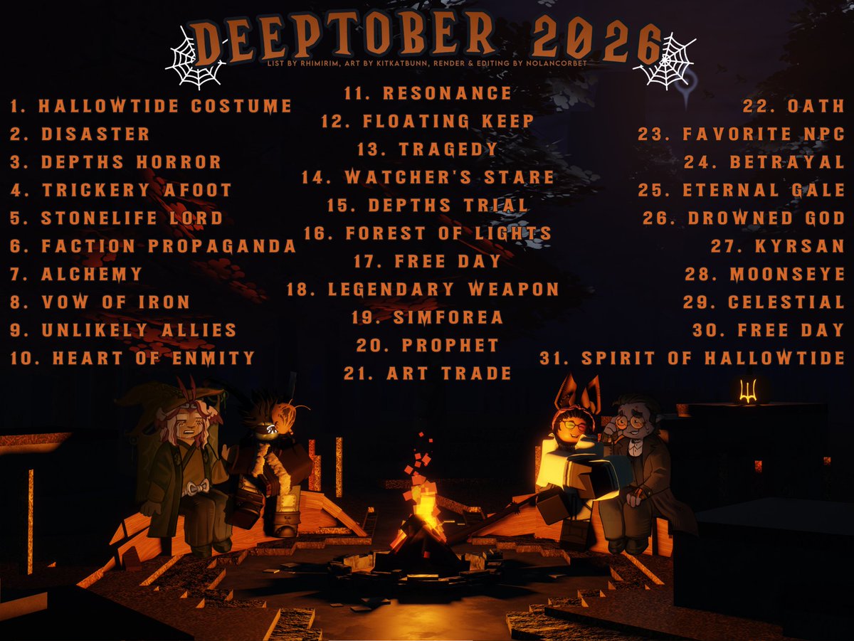 NolanCorbet's tweet photo. Greetings artists of deepwoken! We are back again with this year's DeepTober!!!

If you are participating feel free to use the tag #Deeptober2026 so we can see your art easier! https://t.co/FByA0DrnSO