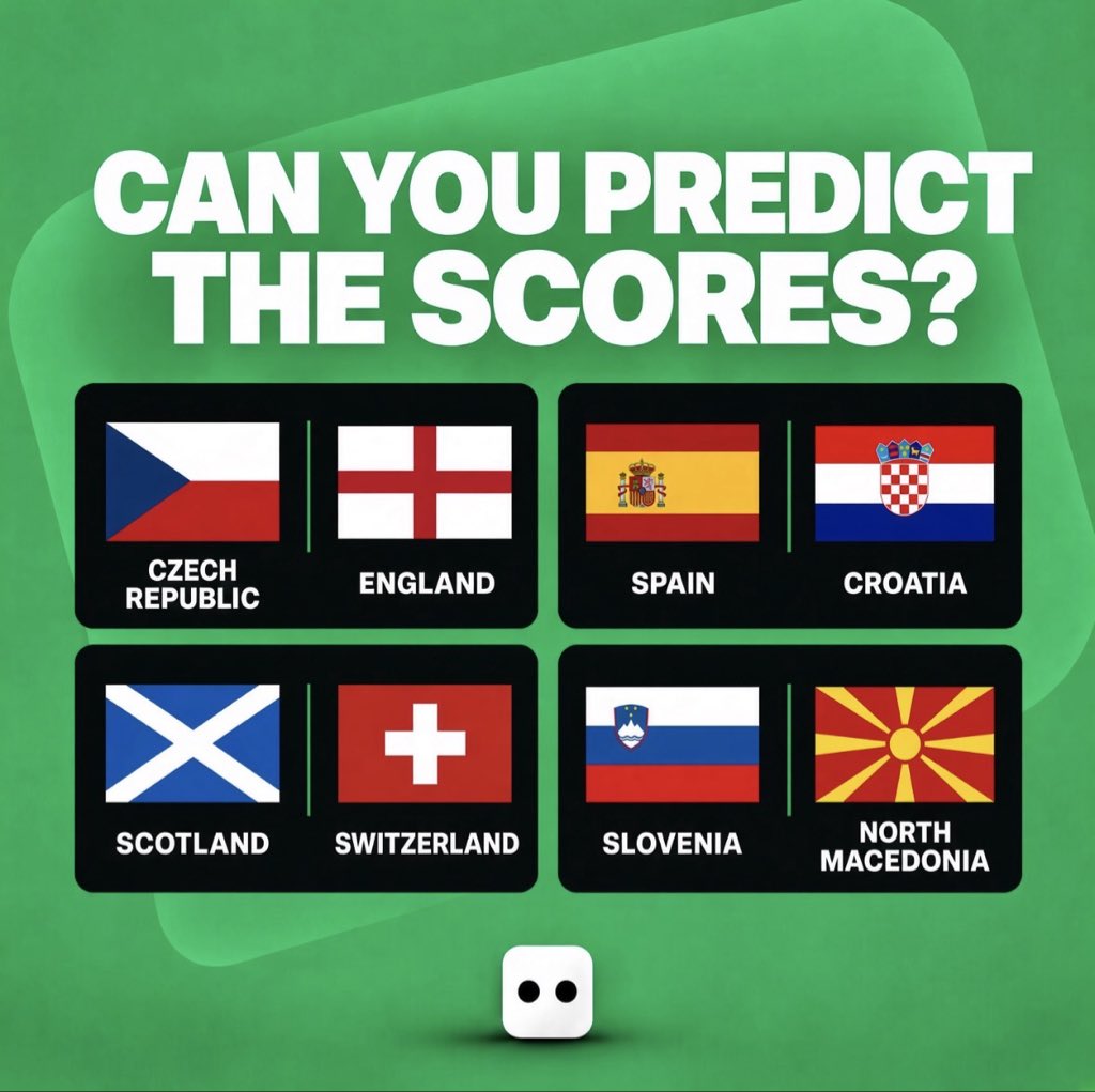DiceySports's tweet photo. Can you predict the scores in today’s Nations League fixtures?

Guess all 4 correct and win $50 to play on Dicey ⚽️ https://t.co/Ifph3OL3Ir