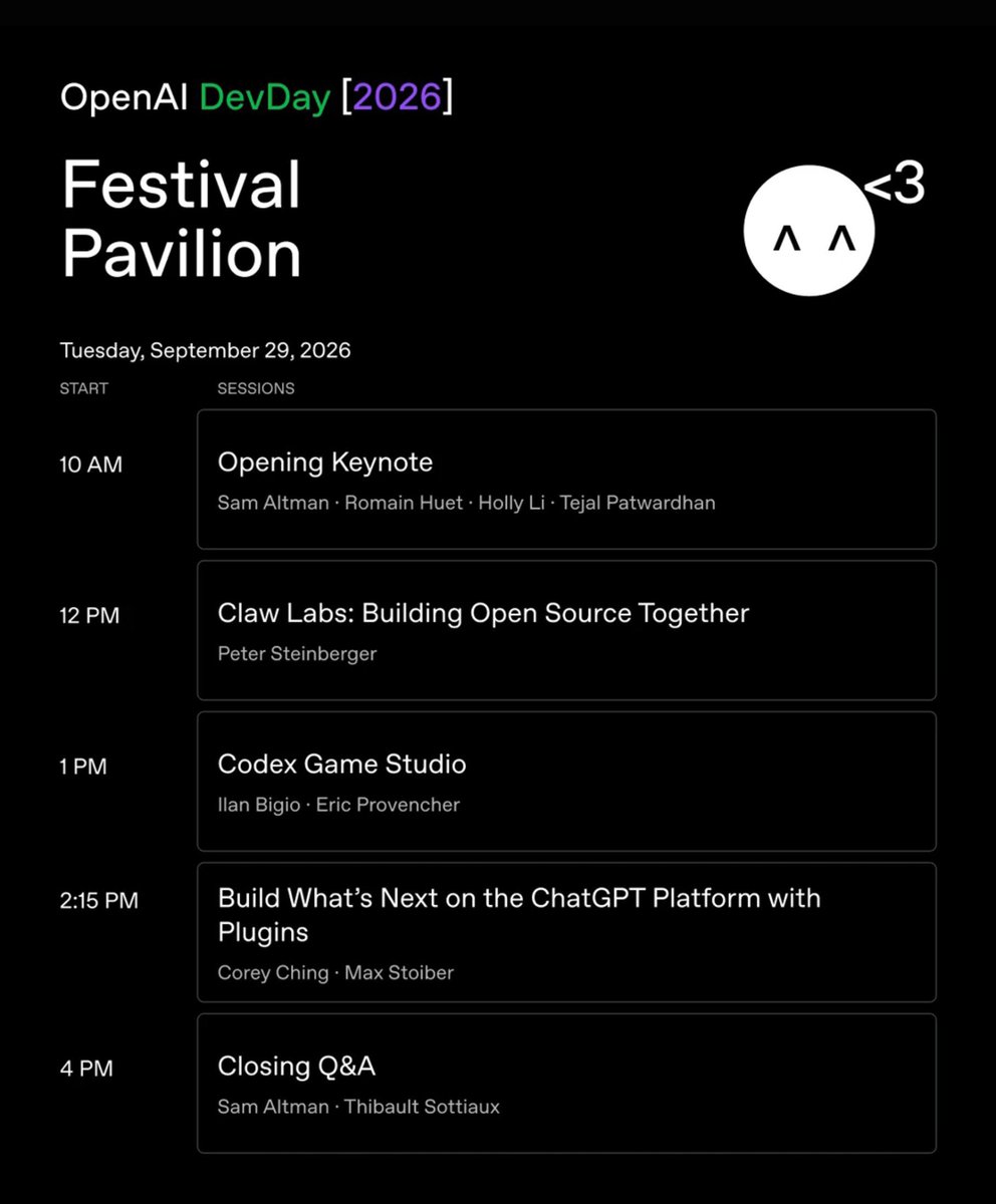 waitingfor_asi's tweet photo. Here's the DevDay 2026 Schedule from @OpenAI 

Summary>> https://t.co/n3cILhCeT2