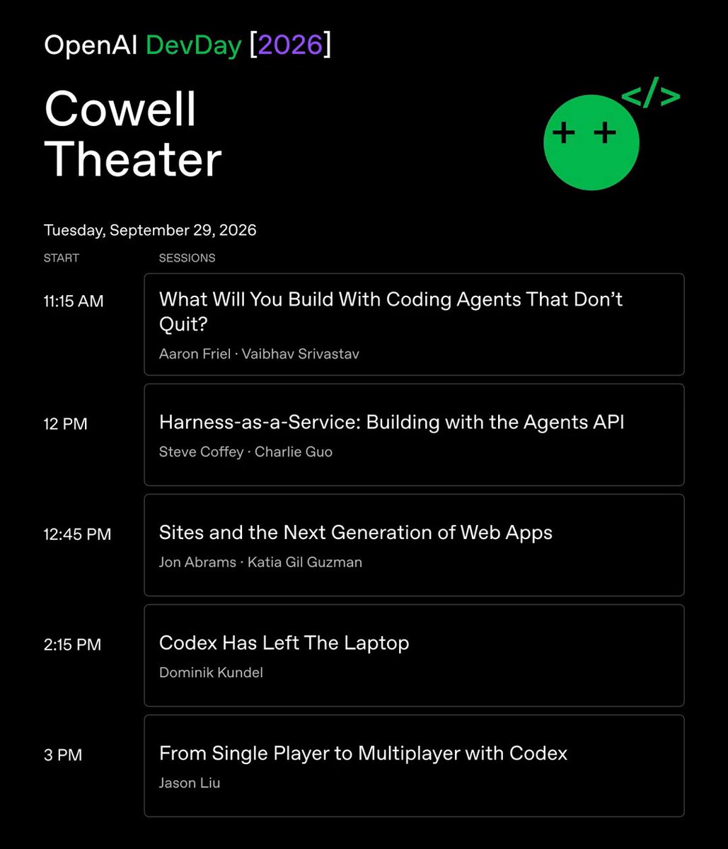 waitingfor_asi's tweet photo. Here's the DevDay 2026 Schedule from @OpenAI 

Summary>> https://t.co/n3cILhCeT2