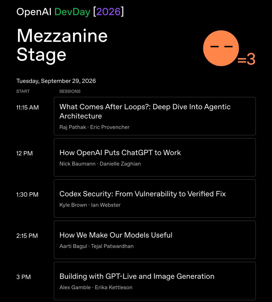 waitingfor_asi's tweet photo. Here's the DevDay 2026 Schedule from @OpenAI 

Summary>> https://t.co/n3cILhCeT2