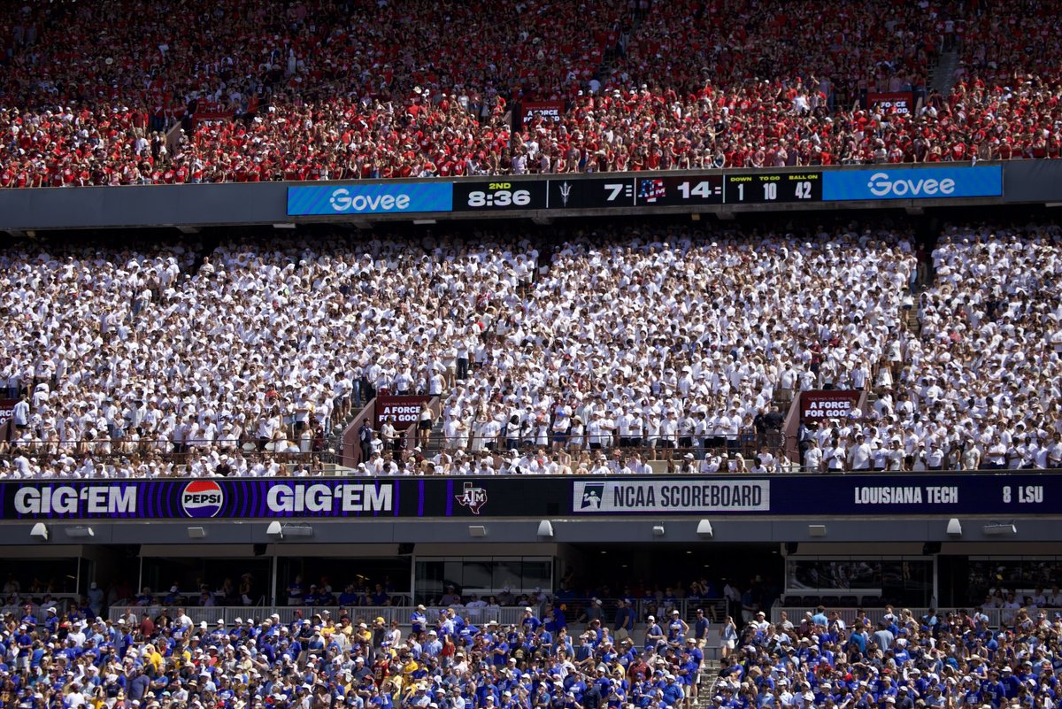 GoveeOfficial's tweet photo. Still feeling the energy from game day at Kyle Field. Take a closer look... Do you see us? 🏈 Proud to be the Official Smart Lighting Partner of Texas A&amp;M Athletics
#GoveeOutdoorLights #LightUpAggieland https://t.co/8oLvXLKMef