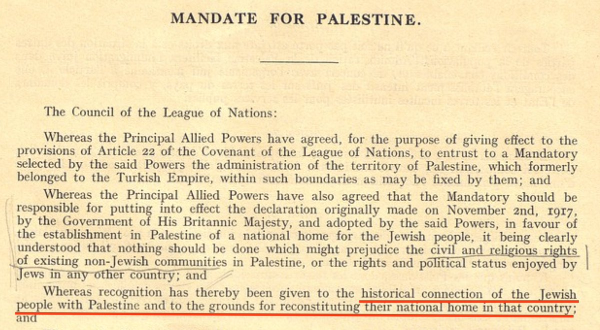 CptAllenHistory's tweet photo. On this day—September 29, 1923

The Mandate for Palestine became operational.

The Mandate was conferred at San Remo in April 1920. The text was approved unanimously by the 51 states of the League of Nations on July 24, 1922. The preamble recognized “the historical connection of the Jewish people with Palestine and the grounds for reconstituting their national home in that country.”

Note the word “reconstituting.” It was not inventing, and it was not gifting. This was 25 years before Israel and 20 years before the Holocaust began.

Article 2 told the trustee the job: conditions that would secure the Jewish National Home, self-governing institutions, and the civil and religious rights of every inhabitant. The text does not grant a second national home on the same map.

Article 6 went further telling Britain to facilitate Jewish immigration. Encourage “close settlement by Jews on the land,” including state land.

Article 25 let Britain change the terms east of the Jordan. London used it. The September 16, 1922 memorandum cut away Transjordan (77% of the original Mandate) and suspended the Jewish clauses there. Anywhere west of the Jordan River, they were required to encourage Jewish immigration and settlement.

Britain was the trustee, and the Mandate was the trust. When the League dissolved in 1946, the trust did not close with it. Article 80 of the UN Charter was written to adopt the Mandates in their original text.

Palestine, in British official language, was a geographical name. It was not a nationality. The Palestine Post, the Anglo-Palestine Company, the Palestine Symphony Orchestra, all were Jewish institutions using the Roman name for the Land. Auni Bey Abdul-Hadi told the Peel Commission in 1937 there was no such country as Palestine; it had been part of Syria. Philip Hitti told the Anglo-American Committee the same thing in 1946.

The Arabs who treat this document as original sin already had mandates of their own: Syria, Lebanon, Iraq, then Jordan. Political rights as a people were assigned there. In western Mandate Palestine, the political assignment in the text was the Jewish National Home, with every inhabitant’s person and worship protected.