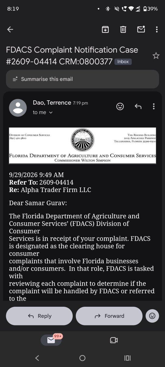 Samgg123g's tweet photo. I have filed complaint online with Florida consumer against @alphatraderfirm for my payout rejection and have got reply from authority will see what happens... https://t.co/Z2pJr1J5IL