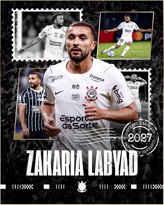 The promotional graphic announces Zakaria Labyad's contract renewal with Corinthians until 2027, featuring a collage of the Moroccan midfielder in his white Corinthians jersey alongside action shots of him playing for the club. The design prominently displays "ZAKARIA LABYAD," "CONTRATO RENOVADO 2027," and sponsor logos like "Esportes da Sorte" and "Frimesa," visually celebrating his continued commitment to Timão.