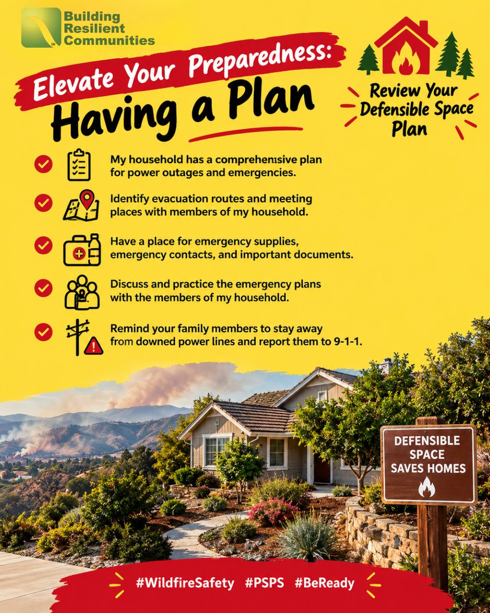 brc_communities's tweet photo. Review your household emergency plan, evacuation routes, emergency supplies, and defensible space so you and your loved ones can be ready when it matters most. 💛🔥
#WildfireSafety #PSPS #BeReady #SCE https://t.co/oCC5KHSd8b