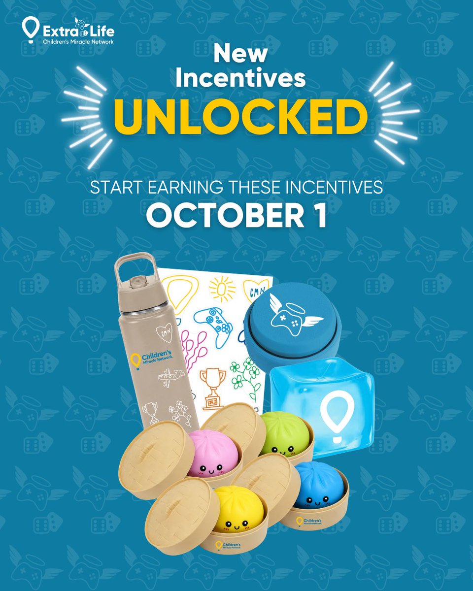 ExtraLife4Kids's tweet photo. Game Day Season incentives have entered the chat! 🤩 This year, Extra Lifers can unlock a few extra items as you fundraise for kids. Swipe through the lineup to see what you can earn, how to qualify and the dates you need to know. 
👀Which one are you going after first? https://t.co/Fc1vcj3UMs
