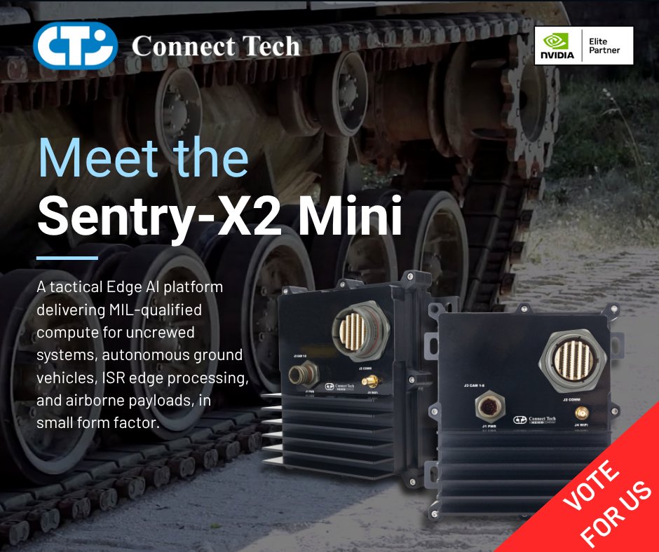 ConnectTechInc's tweet photo. Sentry-X2 Mini is nominated for the #AUSA2026 Best New Product/Service Award.

Built for mission-ready Edge AI across air, land, and sea.

Voting opens Oct. 12 for registered attendees and exhibitors. https://t.co/qVNXLOgknH

Booth 953 | Oct. 12–14

@AUSAorg #EdgeAI https://t.co/Qaej8sR0pB