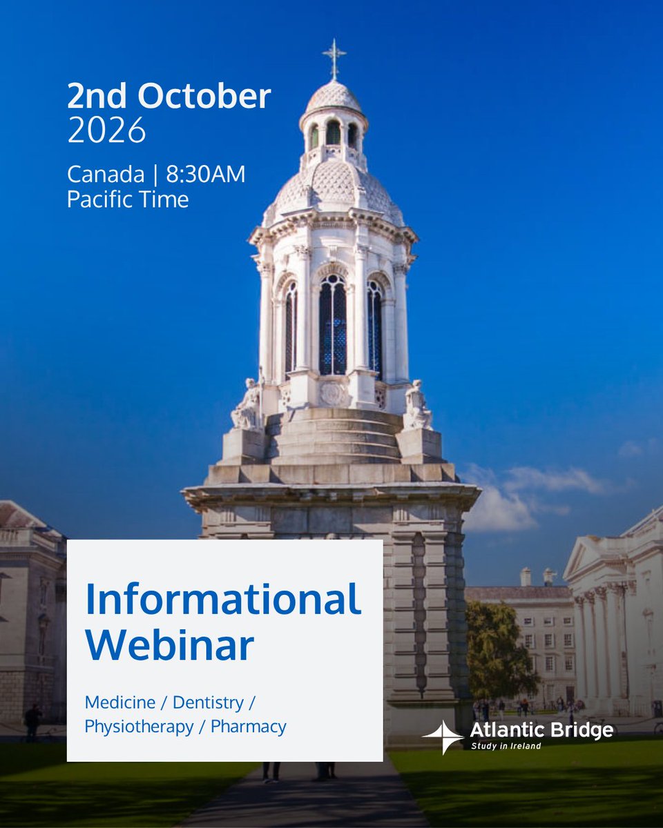AtlanticProgram's tweet photo. The Atlantic Bridge team invites students in Canada, parents, and counselors to an informational webinar on pursuing Medicine, Dentistry, Physiotherapy, or Pharmacy in Ireland 🇮🇪 https://t.co/BcpHw4JTcN