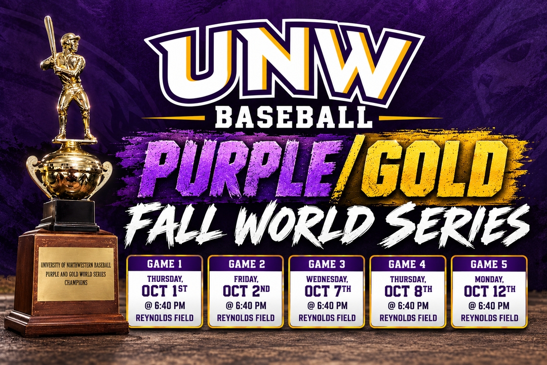 UNWBaseball's tweet photo. It’s World Series time. 🏆  
🟣 PURPLE vs. 🟡 GOLD
Five games. One trophy.  
It all starts Thursday night at Reynolds Field!  
#CompeteWithPurpose #UNWBaseball #PurpleGold https://t.co/yDz4b267ut
