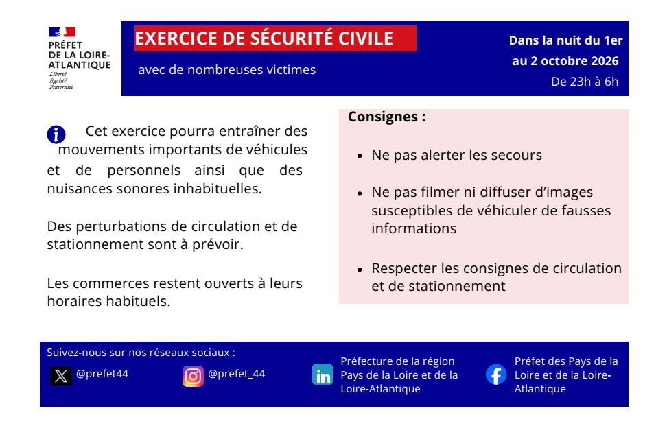 Image de Préfet des Pays de la Loire et de Loire-Atlantique - #Information | Dans la nuit du 1er au 2 octobre, un exercice de sécurité civile sera organisé sur le