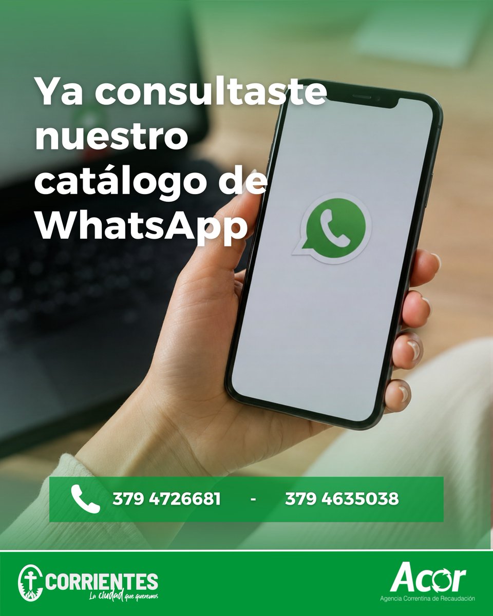 Acorctes's tweet photo. 📲 Todo más simple, también por WhatsApp.
¿Ya consultaste nuestro catálogo? Encontrá información y gestiones de ACOR de forma rápida y práctica. 💬
#ACOR #WhatsApp #CatálogoDigital #GestiónDigital #TrámitesOnline #Corrientes https://t.co/IruZ5g5LWy