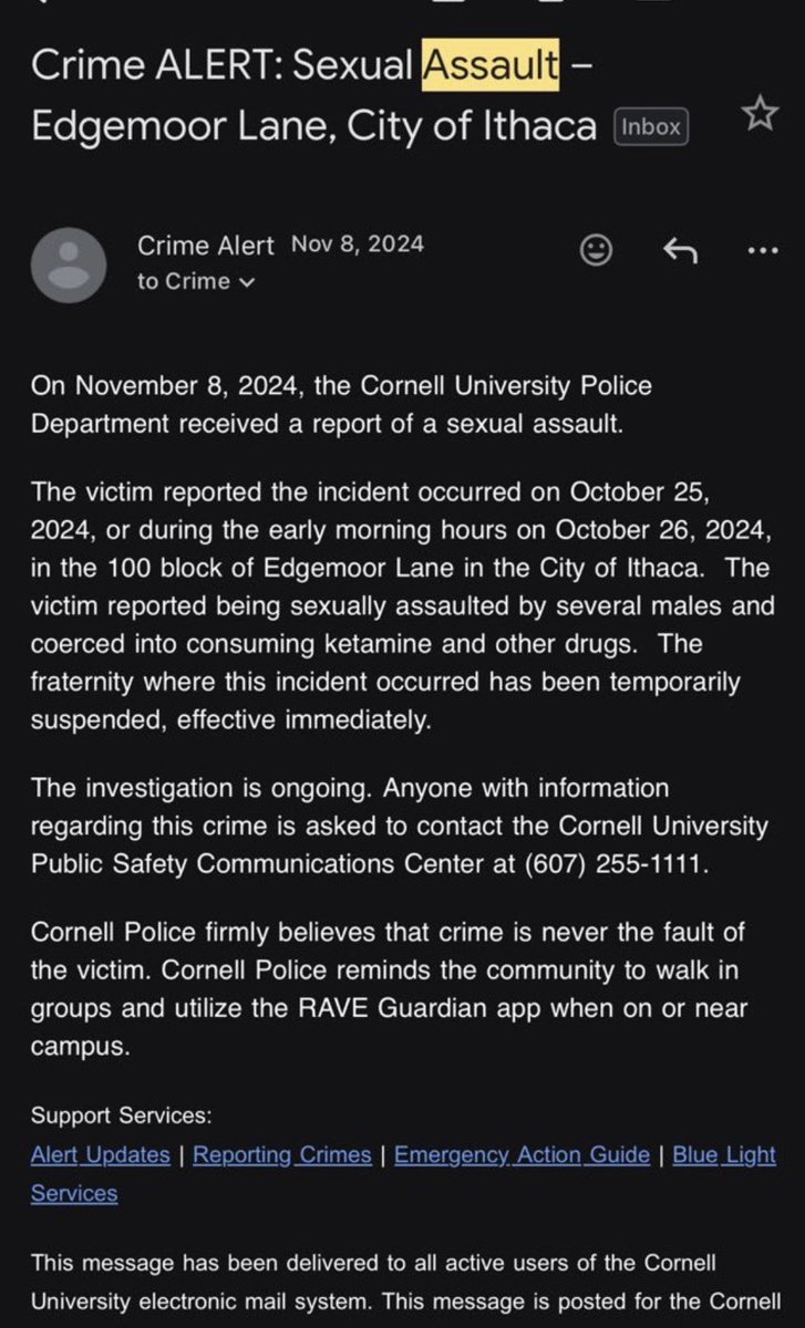 Amy_Siskind's tweet photo. Although Tompkins County DA Van Houten is now telling the media that he did not pursue charges because it was "consensual," here is a copy of the on campus CRIME ALERT that went out at that time, citing a "victim reported being sexually assaulted by several males and coerced into consuming ketamine and other drugs." Things that make you go, hmmmm.....
(h/t @urlocaltwunk69)