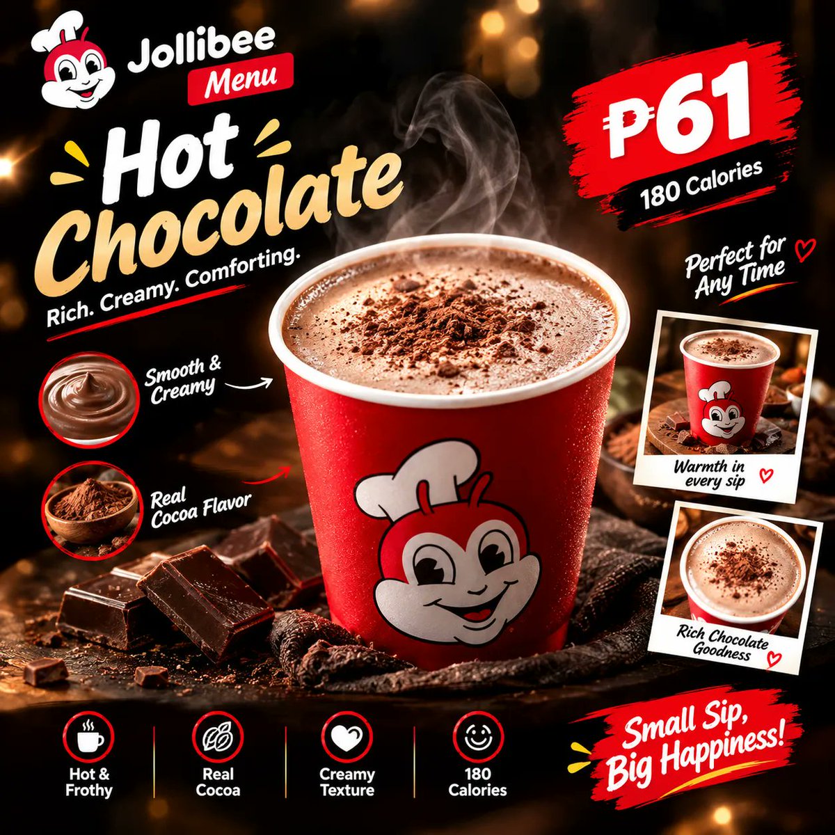Jollibee1331's tweet photo. Hot Chocolate: Price, Calories, Ingredients & Nutrition Guide 2026 โ๐ซ
Check the complete guide here: https://t.co/0AOlgxZxUJ
#Jollibee #JollibeeMenu #JollibeeMenu2026 #HotChocolate #JollibeeHotChocolate #JollibeeMenuPrices #JollibeePhilippines https://t.co/cTk4HDIhC2