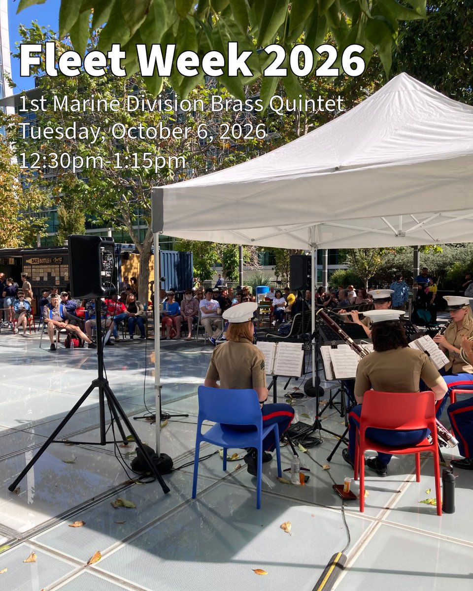 TransitCenterSF's tweet photo. Fleet Week is coming to TJPA’s Salesforce Park! 🎺

Take a midday break with a free performance by the 1st Marine Division Band Brass Quintet as they help us celebrate San Francisco Fleet Week.

📅 Tuesday, October 6
🕧 12:30–1:15 p.m.
📍 Main Plaza, TJPA’s Salesforce Park https://t.co/qnRFvMkAqO