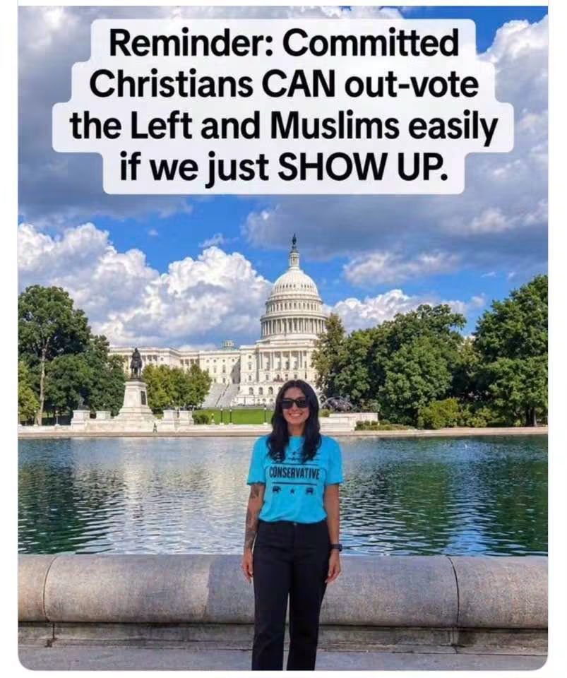 AmesStraight's tweet photo. Christians  have to show up.

Vote. Get involved. Know what’s on your ballot. Stand for your convictions. 🇺🇸✝️

Faith doesn’t end at the church doors—and neither does civic responsibility. https://t.co/bwBAnwKM3E