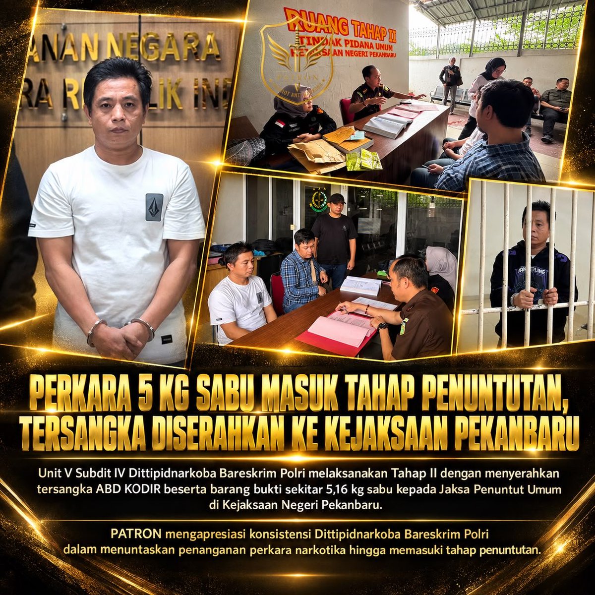 patron_id's tweet photo. Pelimpahan Tahap II kasus sabu 5,1 kg di Pekanbaru kelar diserahin Bareskrim Polri ke Kejaksaan! Gak cuma tersangkanya, bukti transaksi bank &amp; mutasi rekeningnya diserahkan lengkap.

@muannas_alaidid
@prabowo
@ListyoSigitP

#PATRON #LawanNarkoba #DittipidNarkoba #BareskrimPolri https://t.co/qN7d0JbiGB
