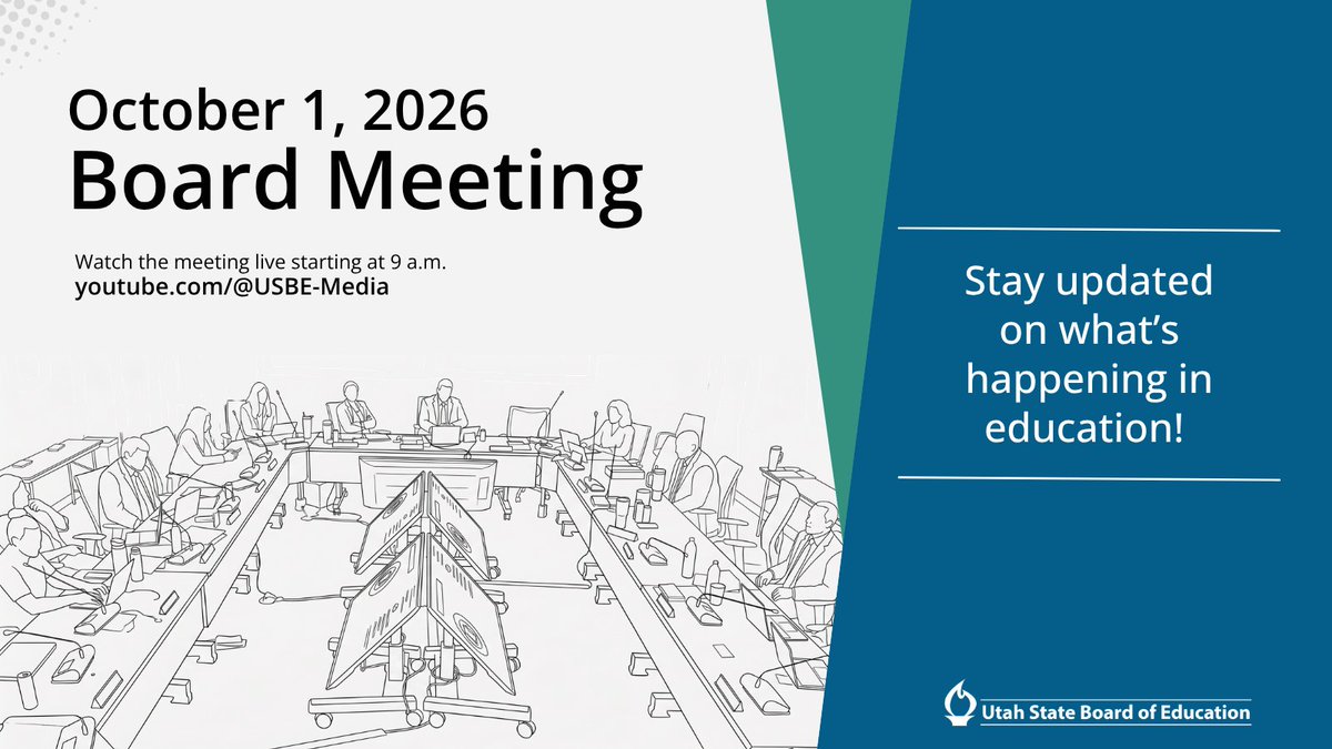 UTPublicEd's tweet photo. Upcoming Board Meeting 
The Utah State Board of Education Meeting will be on Thursday, October 1, 2026, starting at 9 a.m.

View the meeting agenda at https://t.co/NXbvlIjHmb
Watch the meeting live at https://t.co/UoAign1VNG https://t.co/7Kht8kNtqe