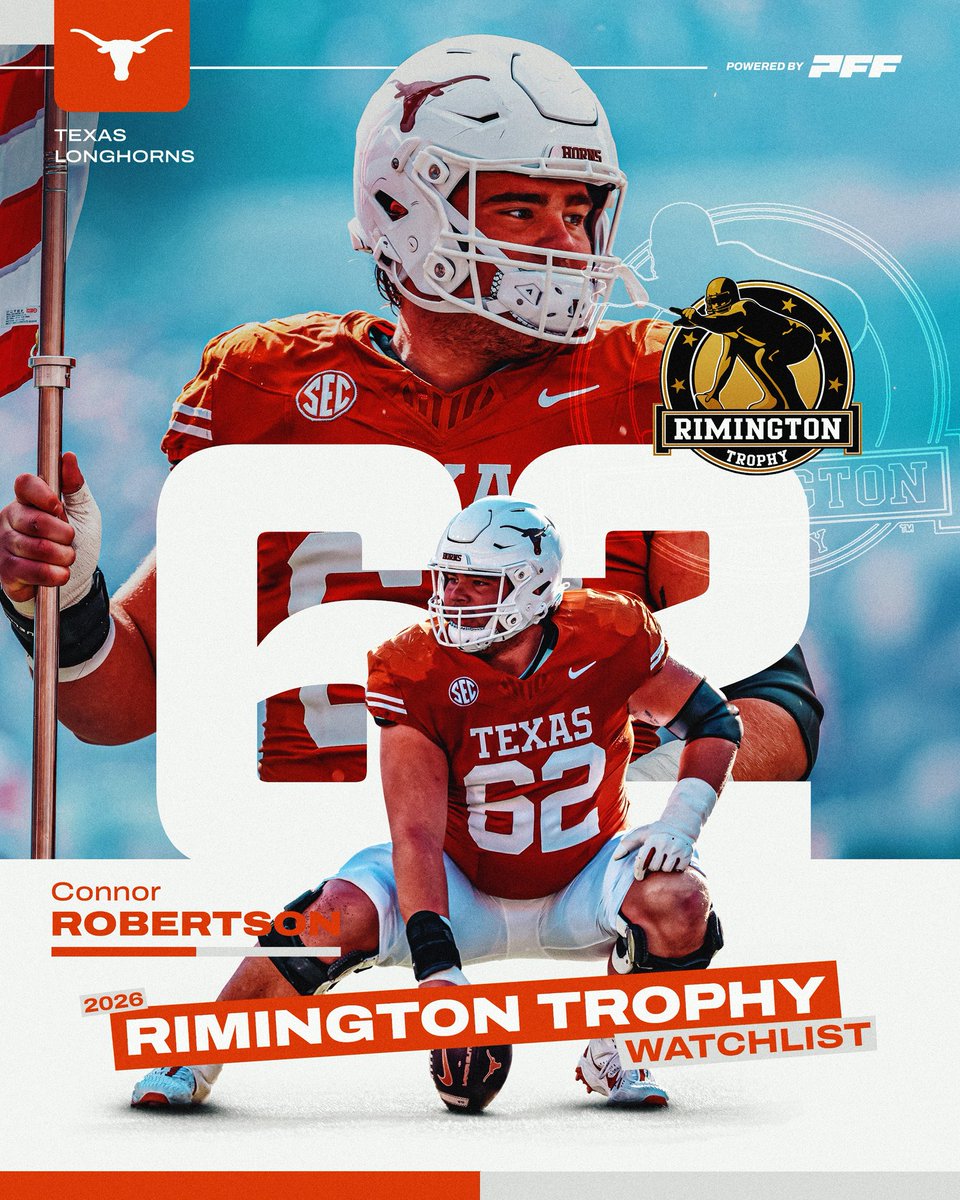 rimingtontrophy's tweet photo. Connor Robertson 👏 @ConnorRob72 
🔴  0 sacks allowed on 330 pass-blocking snaps in 2025
🔴  Yet to allow a sack on 121 pass-blocking snaps to start 2026. 
🔴  Has allowed only three QB hits across 528 career pass-blocking snaps
.
@PFF_College @TexasFootball 
.
#rimingtonwatchlist #HookEm #TexasFootball #Longhorns #TexasLonghorns