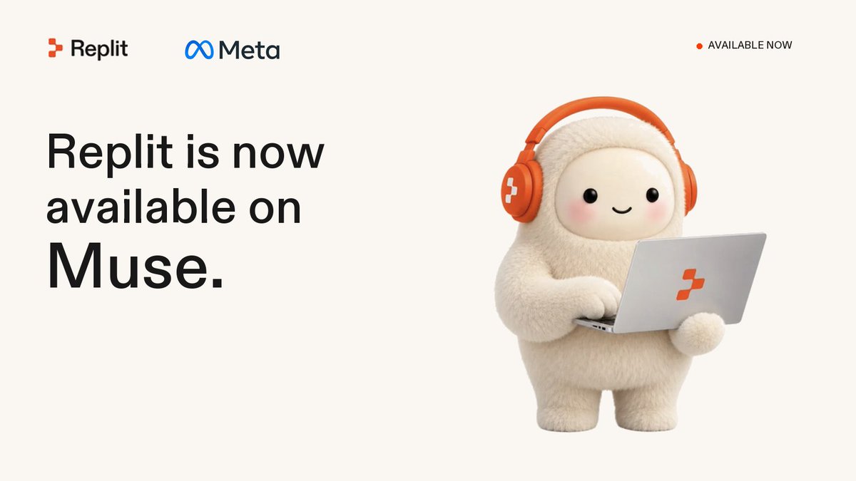 Replit is now available on Meta Muse. ✔️

Your next app starts with a conversation. 

Connect Replit, tell Muse what you want to create, and bring your idea to 