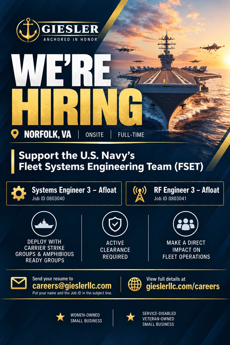 Giesler_LLC's tweet photo. We're hiring in Norfolk, VA!

Giesler is growing its fleet support team and looking for two senior engineers:
Systems Engineer 3 - Afloat
RF Engineer 3 - Afloat

Check out the details and apply at https://t.co/GCuTrEESq6
Know someone who'd be a great fit? Please share! https://t.co/yJZ4WYsFVZ