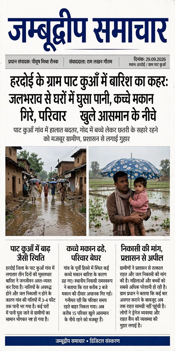 JDNEWS365's tweet photo. #हरदोई: ग्राम पाट कुआँ में लगातार बारिश से जलभराव के हालात। ग्रामीणों के मुताबिक गलियों में 3-4 फीट तक पानी भरने से घरों में पानी घुसा और कुछ कच्चे मकान क्षतिग्रस्त हुए। प्रभावित परिवारों ने जल निकासी, राहत शिविर और आवासीय मदद की मांग की।
#Hardoi #Rain #Waterlogging #Jambudeep https://t.co/8Zi2tu8j0m