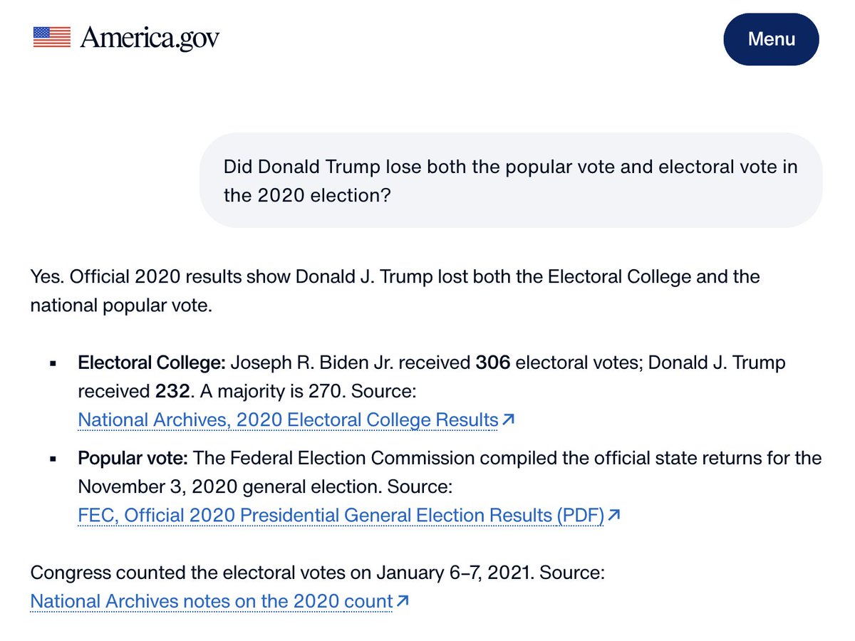 EdKrassen's tweet photo. Trump just launched https://t.co/uiXpMCCqp6, an AI website that gives you facts.

I asked "Did Donald Trump lose both the popular vote and electoral vote in the 2020 election."

The answer is a clear "YES". https://t.co/9BBpurUQHh