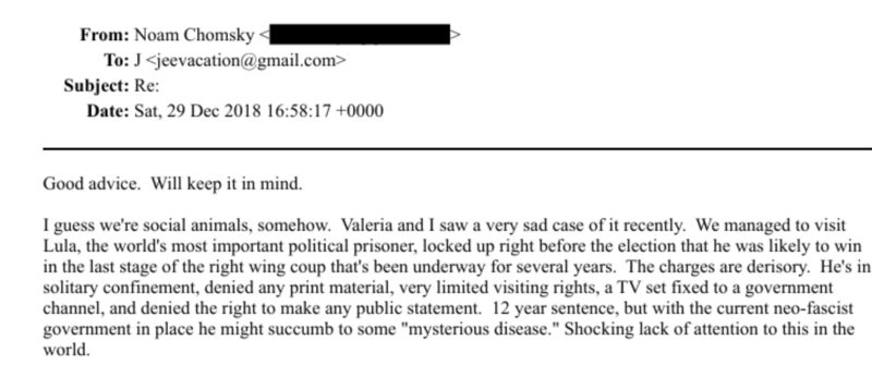 saintliberte's tweet photo. eu sempre achei estranho esse e-mail do Noam Chomsky contando pro Jeffrey Epstein que foi visitar Lula na cadeia, mas agora estou começando a entender o motivo https://t.co/touTkQV3tL