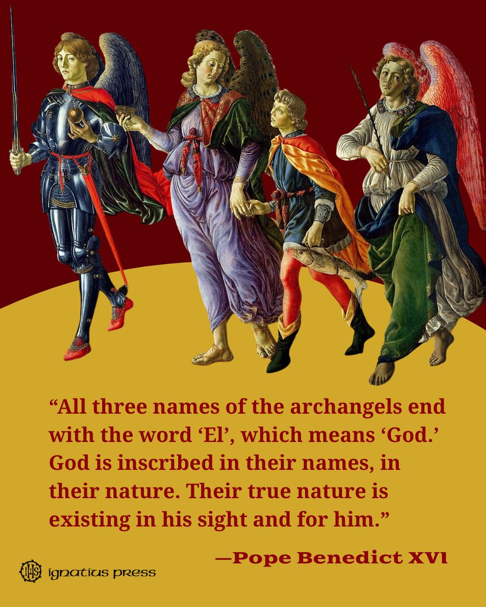 IgnatiusPress's tweet photo. 🪽Happy Feast of the Archangels Michael, Raphael &amp; Gabriel! We see in the Biblical accounts, that God ordained unique missions for them. Swipe ➡️ to read what Pope Benedict XVI says about their names. 

📖 Text from: “A Year of Daily Offerings” by Fr. James Kubucki, S.J. https://t.co/OtgfRqPYdI