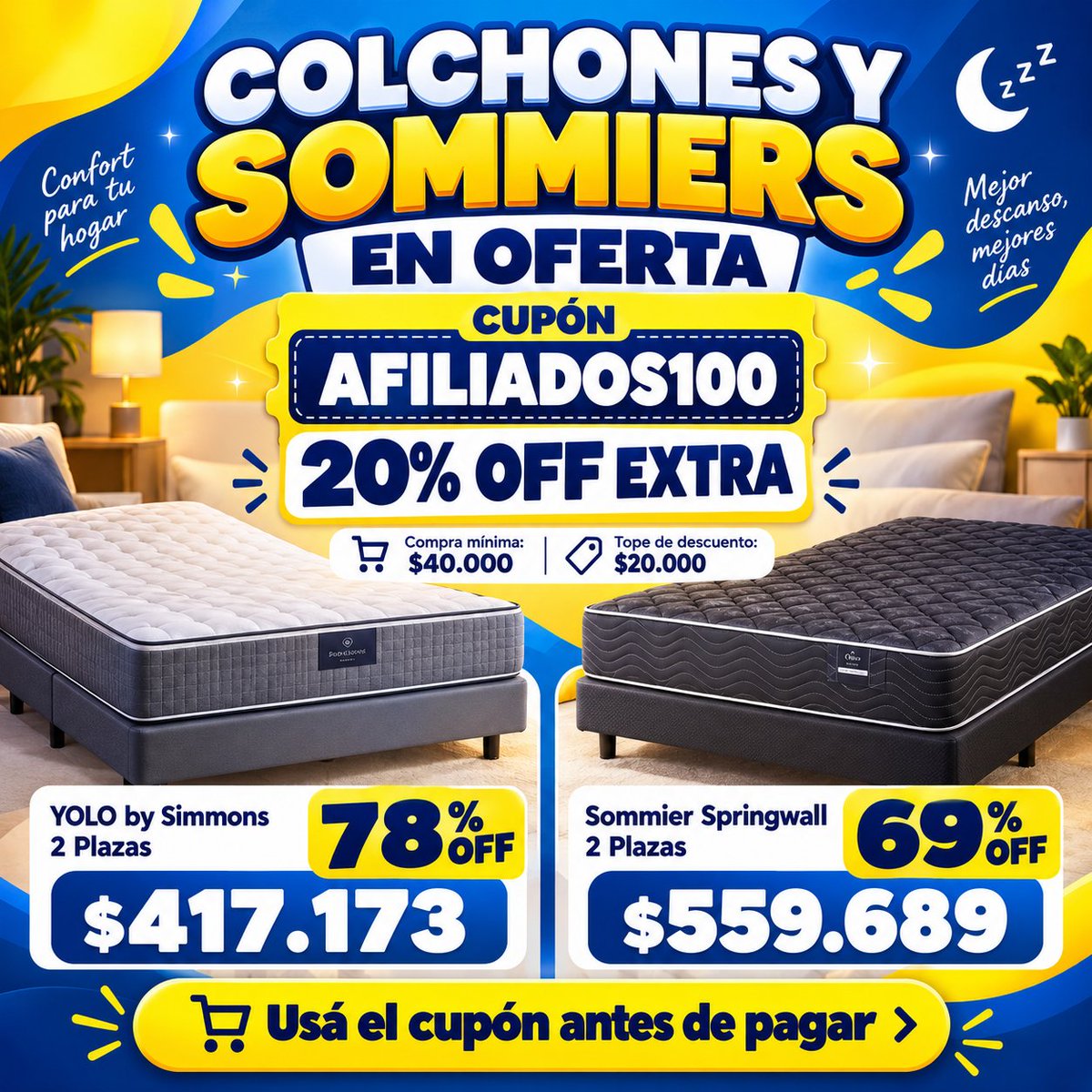 ofertitasarg's tweet photo. 🛏️🔥 COLCHONES Y SOMMIERS CON DESCUENTOS ENORMES + CUPÓN EXTRA

🛏️ YOLO by Simmons 2 Plazas
🔥 78% OFF
💸 $417.173
https://t.co/xYmNMsXpJs
🛏️ Sommier + Colchón Springwall 2 Plazas
🔥 69% OFF
💸 $559.689
https://t.co/mITcli7jqr
🚨 USÁ EL CUPÓN ANTES DE PAGAR https://t.co/u8Yn9LjMY6