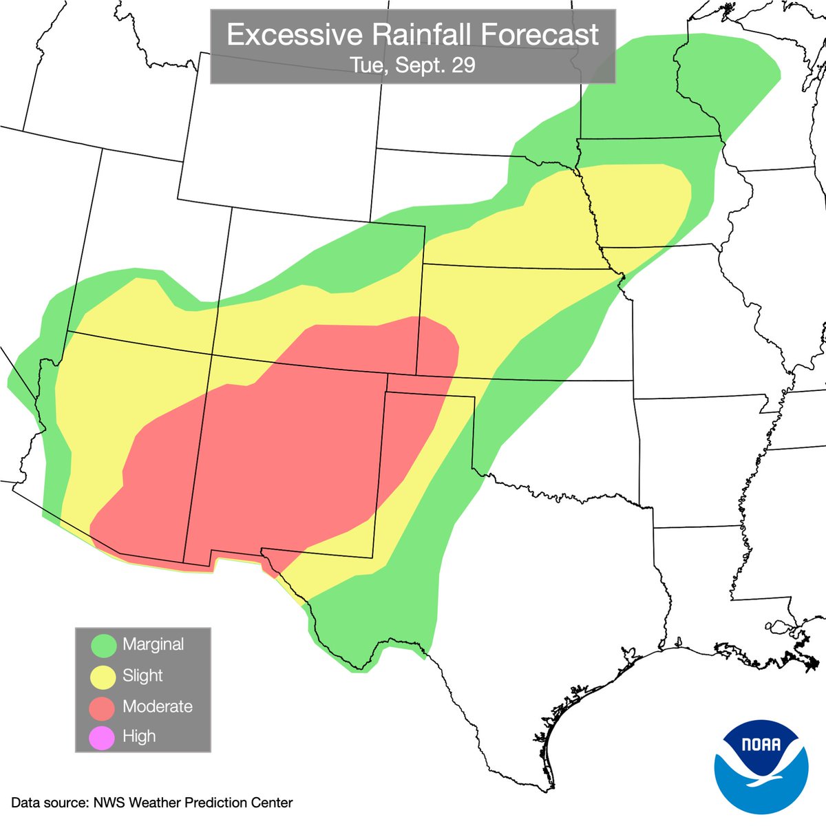NWS's tweet photo. Pacific tropical moisture wrapping into a storm over the southwest U.S. will continue a multi-day heavy rainfall event this week that will extend into the Midwest and southern Plains. Considerable flash flooding is possible across portions of New Mexico and west Texas today through Wednesday. Visit https://t.co/qk3BcVP5M8 for more.