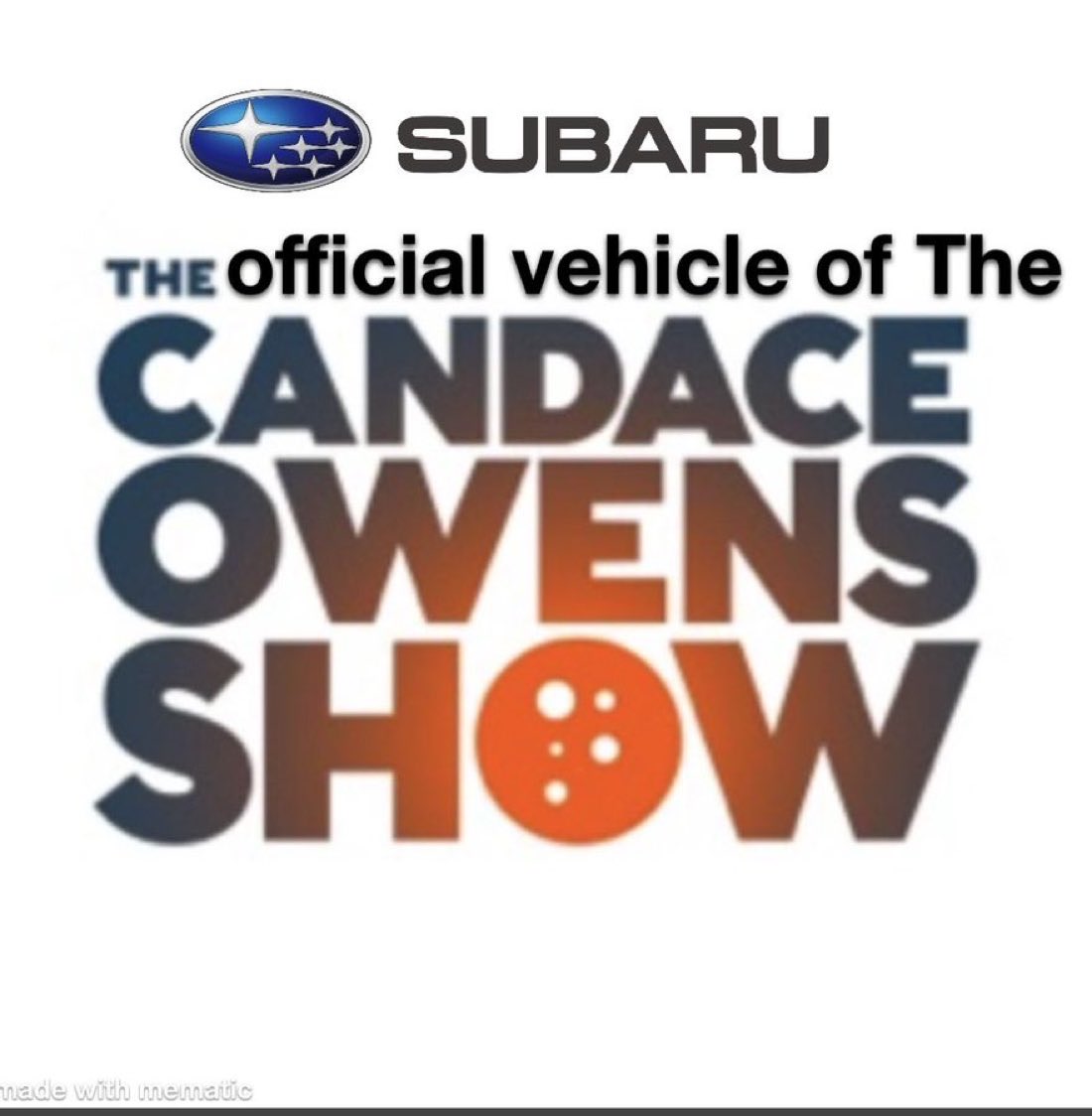 gentrywgevers's tweet photo. BREAKING NEWS: Subaru is now the official sponsor of the Candace Owens show. https://t.co/quxasRCm33