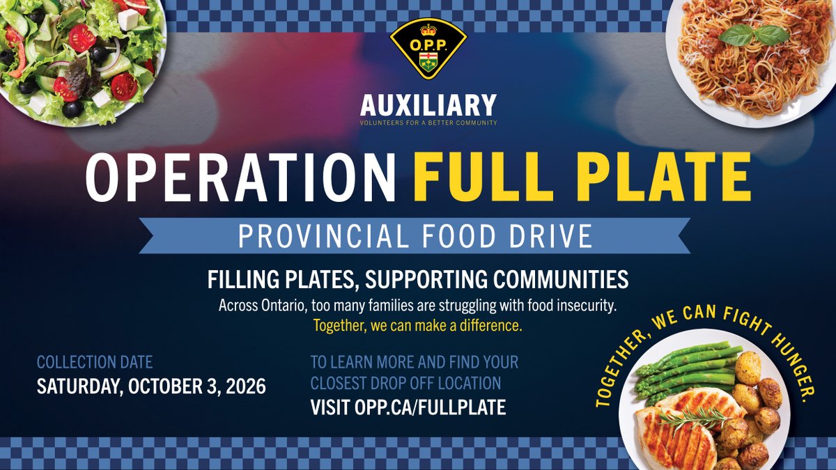 OPP_WR's tweet photo. We need your help. A single food donation may seem small, but together, those donations can have a big impact. On Saturday, October 3, #OPPAuxiliary members across Ontario will unite for #OperationFullPlate to support local food banks and help address food insecurity in our communities. 📍 Find your closest drop-off location: https://t.co/PtTOvv9Dsx ^dr
--
Nous avons besoin de votre aide. Un simple don de denrées alimentaires peut sembler insignifiant, mais ensemble, ces dons peuvent avoir un impact considérable. Le samedi 3 octobre, les membres de #OPPAuxiliary de partout en Ontario se mobiliseront dans le cadre de l’#OperationFullPlate afin de soutenir les banques alimentaires locales et de contribuer à lutter contre l’insécurité alimentaire dans nos collectivités. 📍 Trouvez le point de collecte le plus près de chez vous : https://t.co/PtTOvv9Dsx