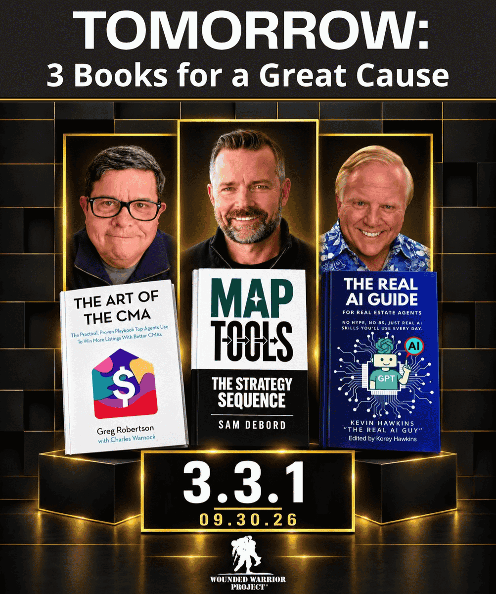 KevHawkins's tweet photo. Tomorrow is THE day: Sept. 30.
3 authors. 3 books. 1 day to support Wounded Warrior Project.
All profits from tomorrow’s sales go to WWP.
👉 https://t.co/sJpzzfeaCy
#331 #WoundedWarriorProject #RealEstate #KevinHawkins #GregRobertson #SamDeBord #WAVGroup #RESO #VendorAlley https://t.co/pAqKr0wtuR