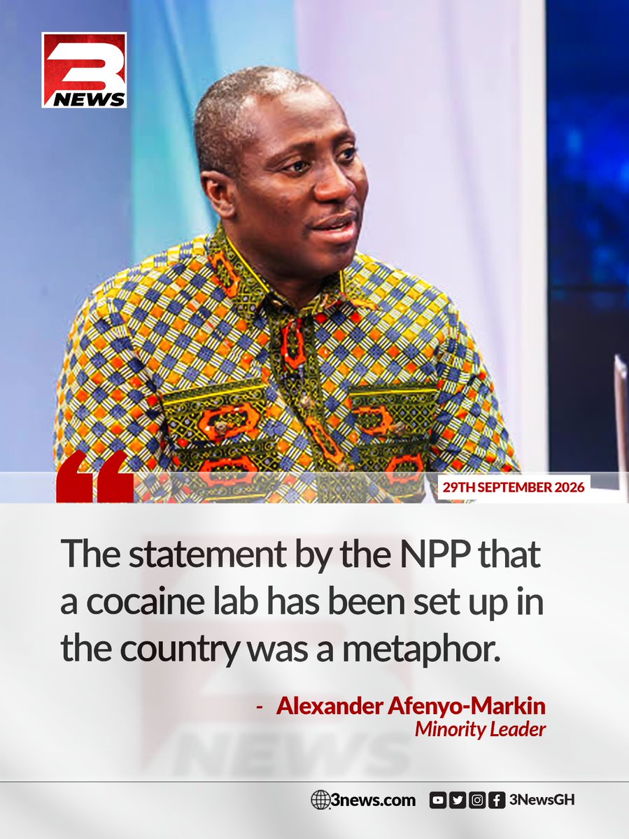 tv3_ghana's tweet photo. Minority Leader Alexander Afenyo-Markin has clarified that the NPP's statement about a cocaine lab being set up in Ghana was not meant to be taken literally. 

According to him, it was a metaphor used to highlight the severity of the drug trafficking crisis.

#3NewsGH #TV3GH https://t.co/xpH05JBfJh