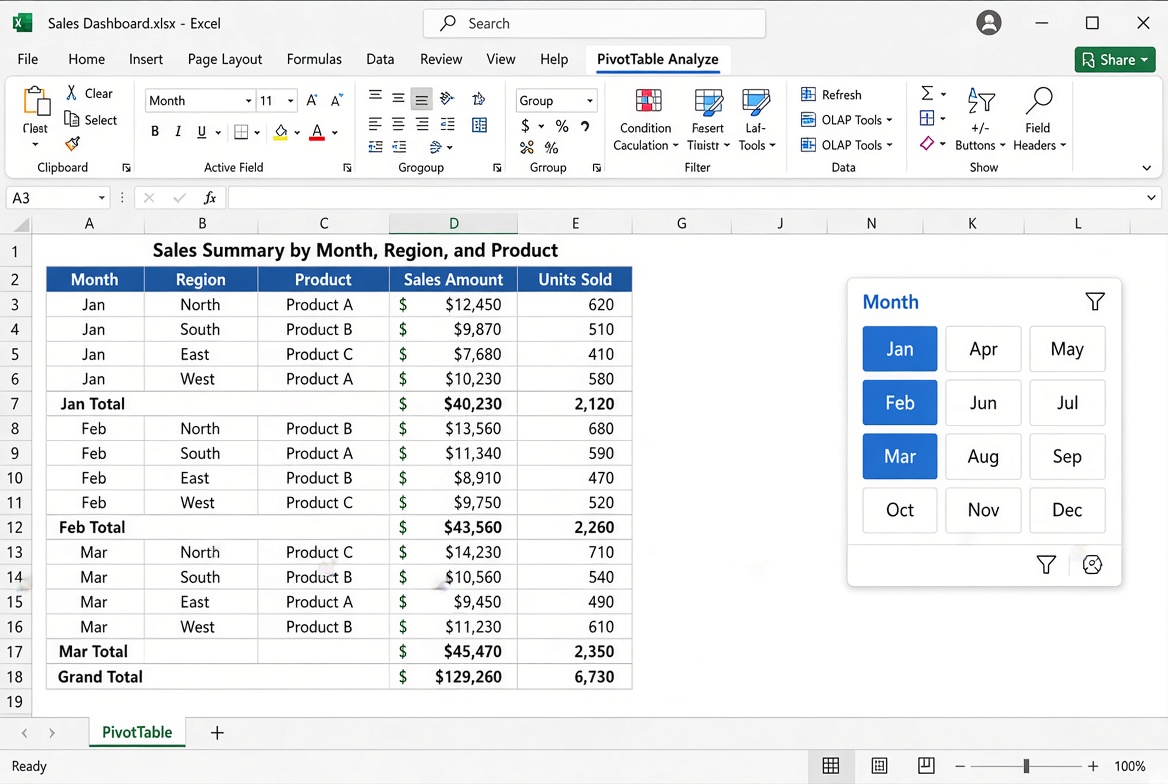 dev_awizee's tweet photo. 4/4
Step 4: Add a Slicer for Month.

Now you can filter your report with a click and quickly see how sales change across months.

That's it.

You just built a report your manager can actually use.

Reply PIVOT if you learnt something new.

#ExcelTips #DataAnalysis https://t.co/mlF14hy6et