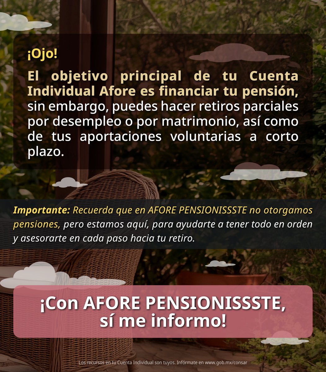 PENSIONISSSTE_'s tweet photo. Tu camino hacia el retiro comienza con AFORE @PENSIONISSSTE_ . ✨

Visítanos en nuestros Centros de Atención al Público (CAP) y recibe orientación gratuita sobre tu Cuenta Individual, trámites y opciones de ahorro.

Estamos para escucharte, ayudarte y acompañarte en cada etapa. 🤝

🏆 Ven a la Afore que sí te hace ganar.

📍 Consulta aquí la ubicación de nuestros Centros de Atención al Público 👉 https://t.co/zEgDEKdR7n

#AFOREPENSIONISSSTE #TuCuentaIndividual #AhorroParaElRetiro #Retiro #EducaciónFinanciera