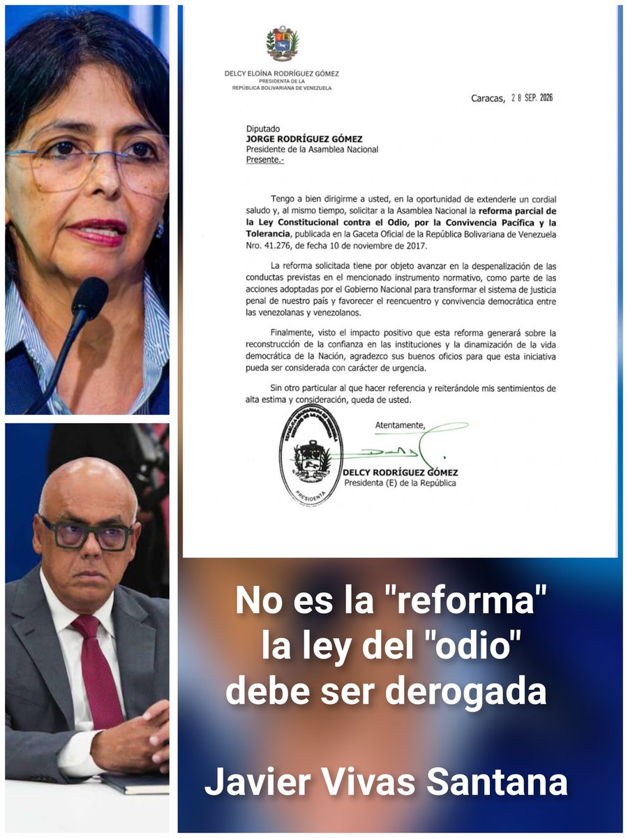 vivassantanaj_'s tweet photo. ¡No queremos "reforma" queremos derogatoria! Como víctima junto con miles de venezolanos, donde algunos hasta fueron condenados a 30 años de prisión - por un mensaje de WhatsApp - por esa mal llamada "ley del odio", no basta que Delcy Rodríguez nos diga que pidió a Jorge Rodríguez una "reforma" de esa bazofia seudo jurídica, que sólo es la más espantosa praxis del neonazismo, neofascismo y neoestalinismo que se concretó en el madurismo. 

La infame "ley del odio" desde que fue "aprobada" por una ilegítima e ilegal "constituyente" solo agravó la situación de derechos humanos en Venezuela, y además profundizó la crisis económica y social del país con una estampida migratoria de casi 10 millones de venezolanos.

De hecho, la mayoría de presos políticos que fuimos juzgados por esa bazofia de "ley" fuimos torturados por la barbarie del régimen, quienes se sentían incólumes por la cúpula política y militar que les ordenaba la ejecución de la barbarie humana.

¡Basta de seguir generando tanta desgracias y dolor a un país! ¡Deroguen la ley del odio! ¡Liberen a todos los presos políticos!