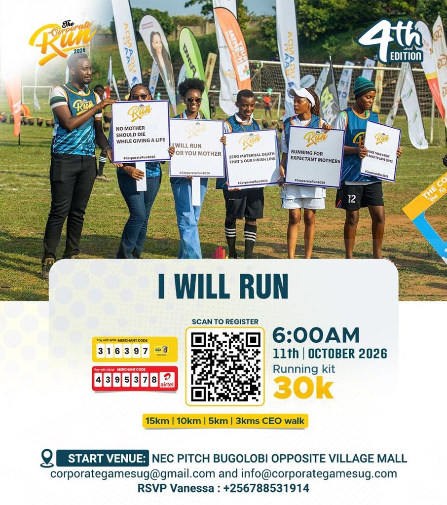 GalaxyTVUg's tweet photo. The #CorporateRun2026 targets life-saving Mama Kits for expectant mothers in need. 15km, 10km, 5km & CEO Walk set for Sun, Oct 11 at NEC Pitch!
Pay via MTN 316397 or Airtel 4395378 to secure your spot.
#TheCorporateRun2026 | #RunningforExpectantmothers https://t.co/iOCyB6ZolT