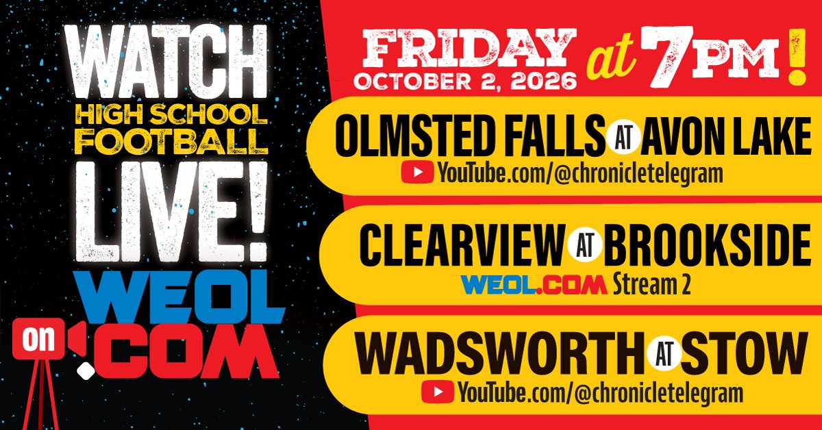 WEOL_Media's tweet photo. More high school football returns to https://t.co/H871uThN1Q and the @YourChronicle YouTube channel this Friday!

Here are our Week 7 matchups👇

1⃣Olmsted Falls @ Avon Lake

2⃣Clearview @ Brookside

3⃣Wadsworth @ Stow https://t.co/pQJcHWowCZ