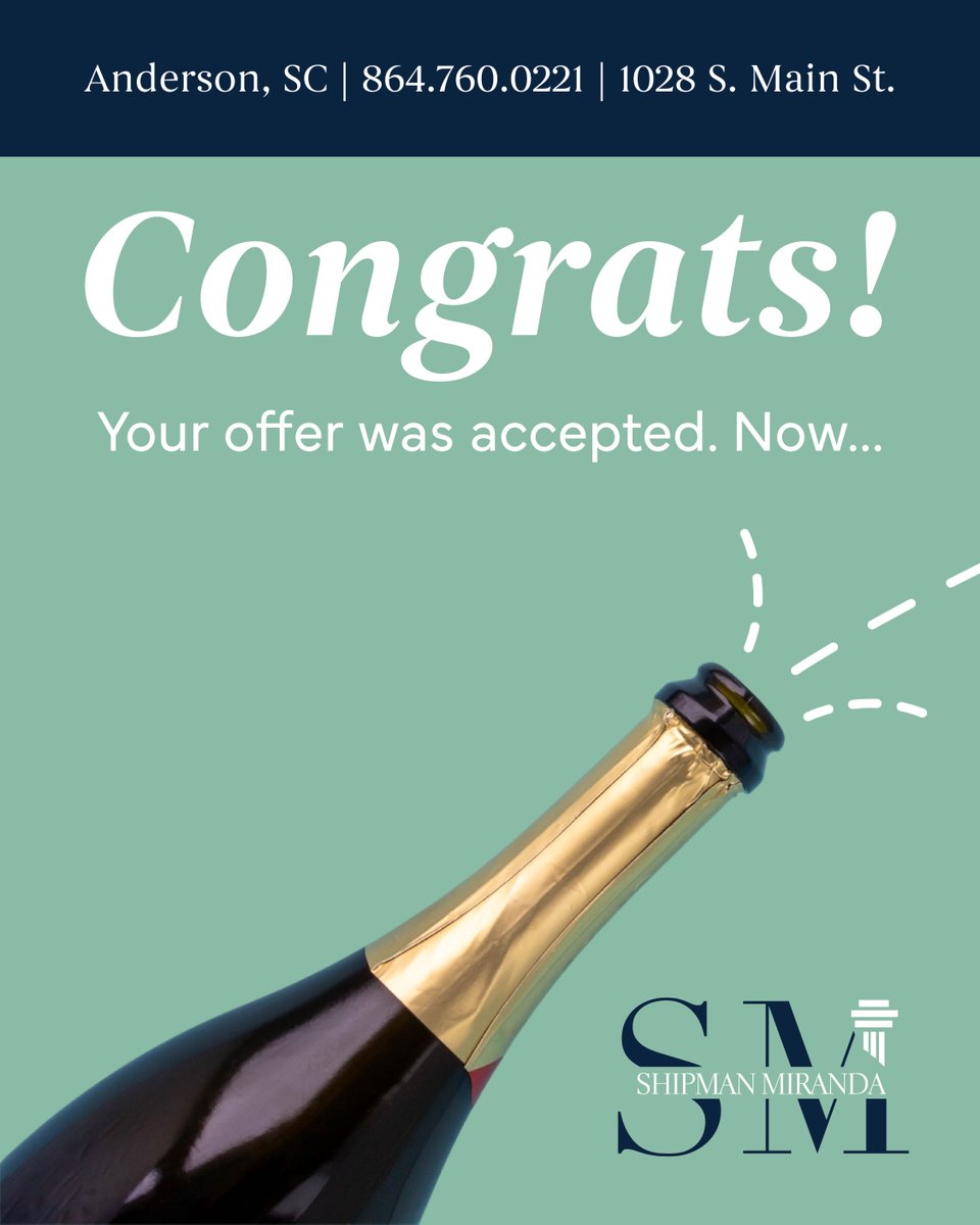 ShipMirandaLaw's tweet photo. An accepted offer is worth celebrating, but it’s not the finish line. 🥂

Shipman Miranda handles the contract, title, and closing details that keep your real estate transaction moving toward closing day.

864.760.0221 | https://t.co/SO2PNLom28 https://t.co/NJ4FvNxSNE